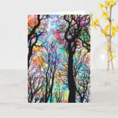 Rainboog waterverf sky, zwarte silhouette bomen kaart (Gele Bloem)