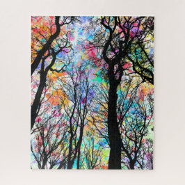 Rainboog waterverf sky, zwarte silhouette bomen legpuzzel