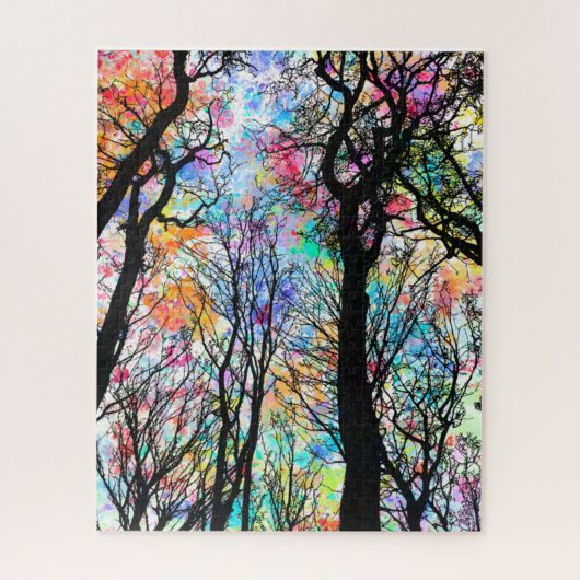 Rainboog waterverf sky, zwarte silhouette bomen legpuzzel (Verticaal)
