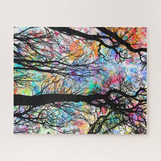 Rainboog waterverf sky, zwarte silhouette bomen legpuzzel (Horizontaal)