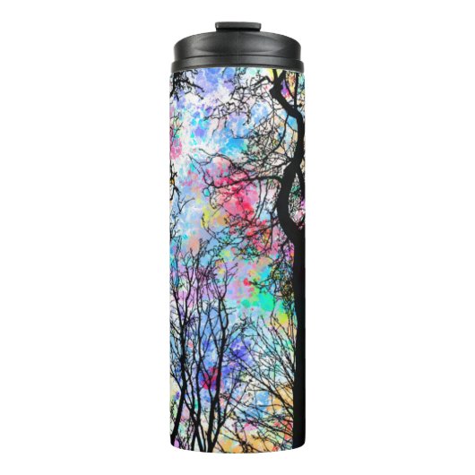 Rainboog waterverf sky, zwarte silhouette bomen thermosbeker (Voorkant)