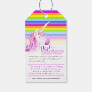 Rainboogeenhoorn baby shower tonen cadeaus labels cadeaulabel