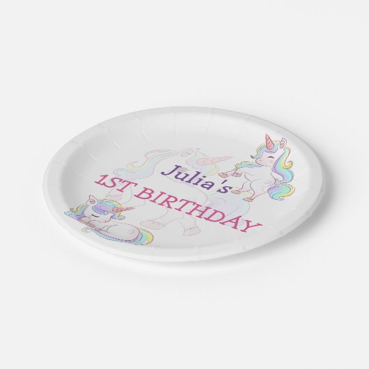 Rainboogekleur Unicorn baby meisjesverjaardag Papieren Bordje (Gekanteld)