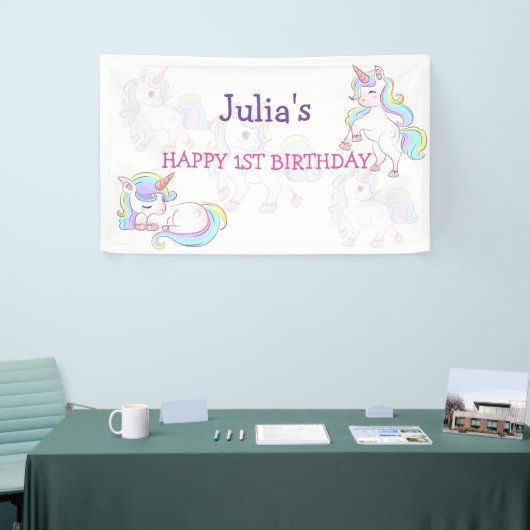 Rainboogekleur Unicorn baby meisjesverjaardag Spandoek (Beurs)