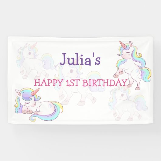 Rainboogekleur Unicorn baby meisjesverjaardag Spandoek (Horizontaal)