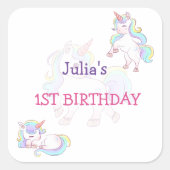 Rainboogekleur Unicorn baby meisjesverjaardag Vierkante Sticker (Voorkant)