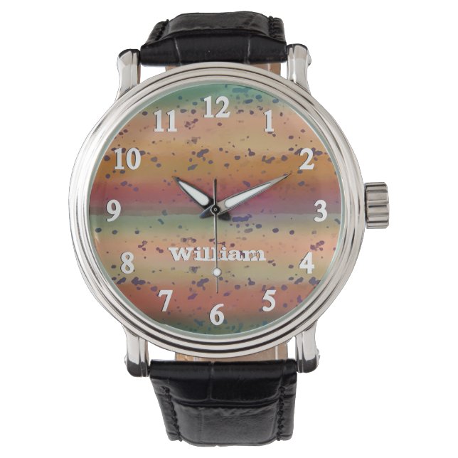 Rainboogforel geborsteld patroon met naam Fisherme Horloge (Voorkant)