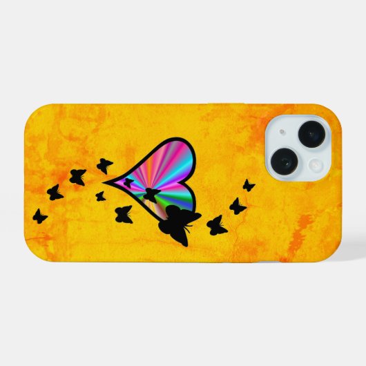 Rainbooghart en vlinder iPhone 15 case (Achterkant horizontaal)