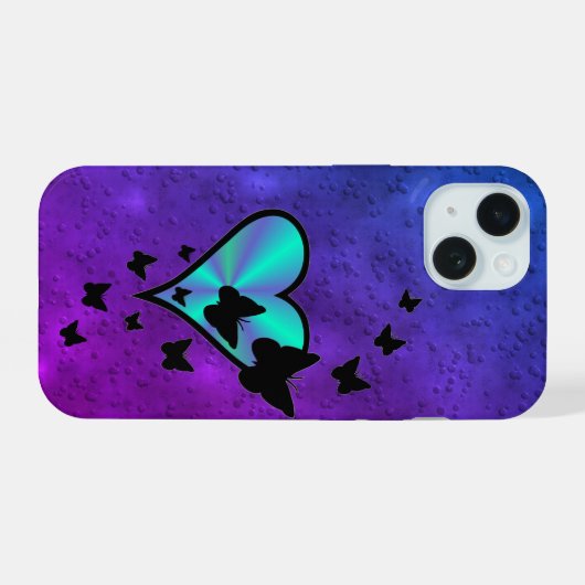 Rainbooghart en vlinder iPhone 15 case (Achterkant horizontaal)