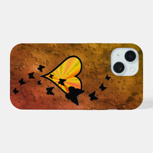 Rainbooghart en vlinder iPhone 15 case (Achterkant horizontaal)