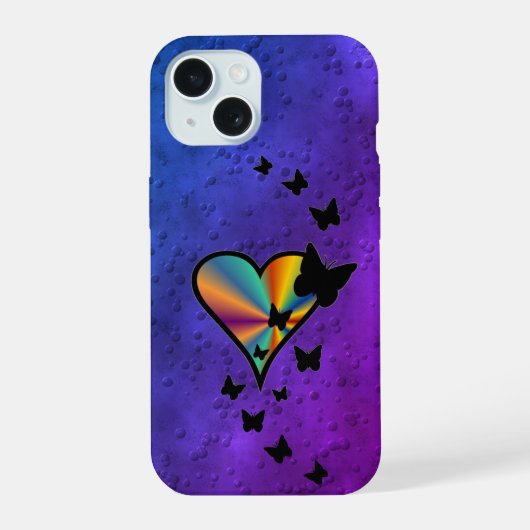 Rainbooghart en vlinder iPhone 15 case (Achterkant)