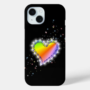 Rainbooghartslag met sterren op zwart iPhone 15 case