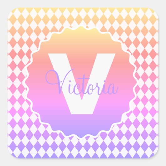 Rainboogkleur checkboard met monogram naam vierkante sticker (Voorkant)