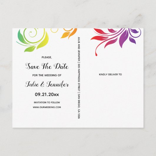 Rainboogkleuren scroll leaf lesbian Save the Date Aankondigingskaart (Achterkant)