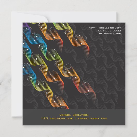 Rainboogkleuren Wavy Abstract Twist Party Invite Kaart (Achterkant)