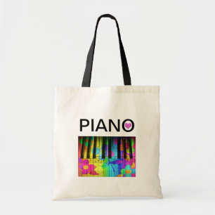 Rainboogkleurig pianotoetsenbord en noten tote bag