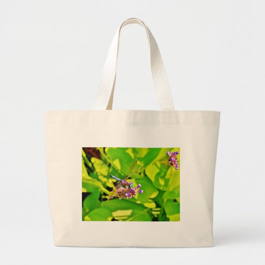 Rainboogkleurige Dragonfly op een paarse roze bloe Grote Tote Bag (Voorkant)