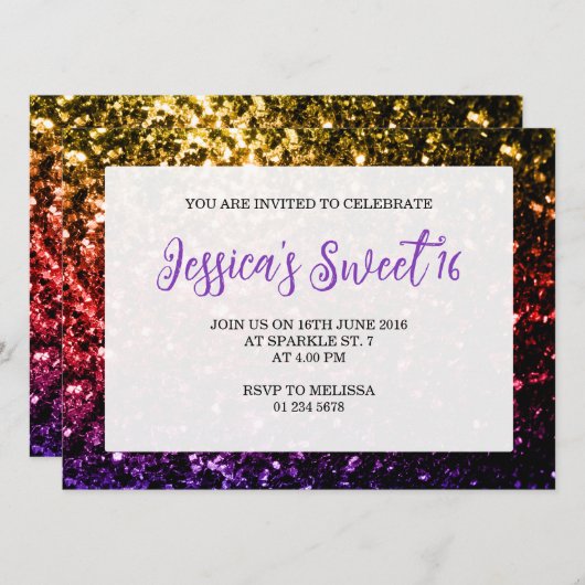 Rainboogkleurige sparkles Sweet 16 elegant script Kaart (Voorkant / Achterkant)