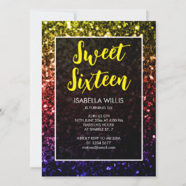 Rainboogkleurige sparkles Sweet 16 elegant script Kaart