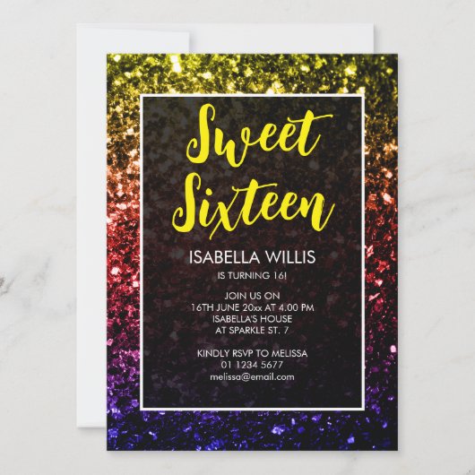 Rainboogkleurige sparkles Sweet 16 elegant script Kaart (Voorkant)