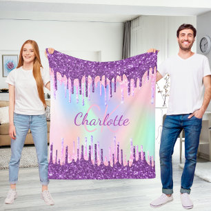 Rainbooglitter druppelt paarse roze monogram scrip fleece deken