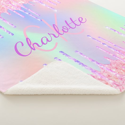 Rainbooglitter druppelt roze paarse monogram scrip sherpa deken (3/4)
