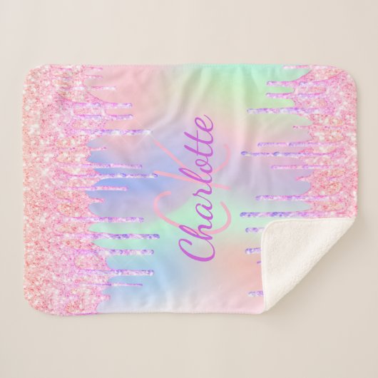 Rainbooglitter druppelt roze paarse monogram scrip sherpa deken (Voorkant (horizontaal))