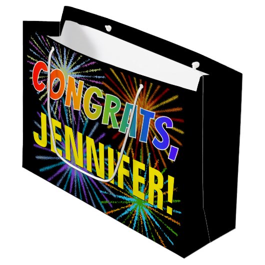 Rainboogpatroon "CONGRATS", aangepaste naam, Firew Groot Cadeauzakje (Voorkant Gekanteld)