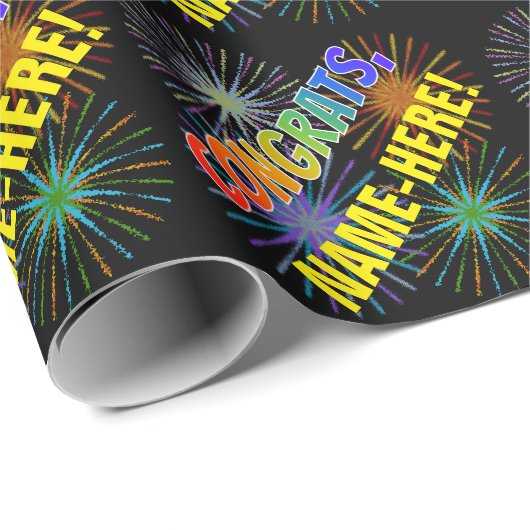 Rainboogpatroon "CONGRATS", Fireworks, aangepaste  Cadeaupapier (Rol Hoek)