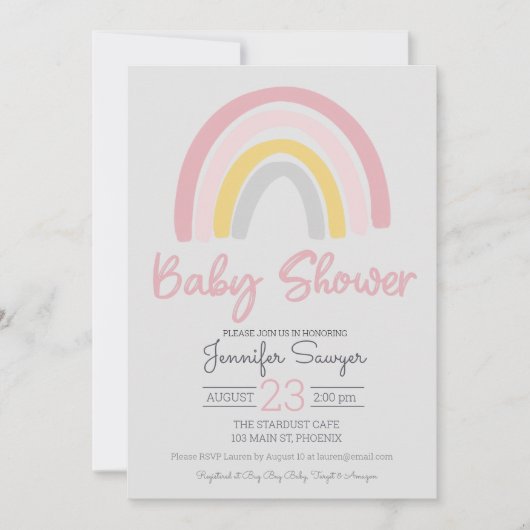 Rainboogroze Geel Grijs Baby shower Uitnodiging (Voorkant)