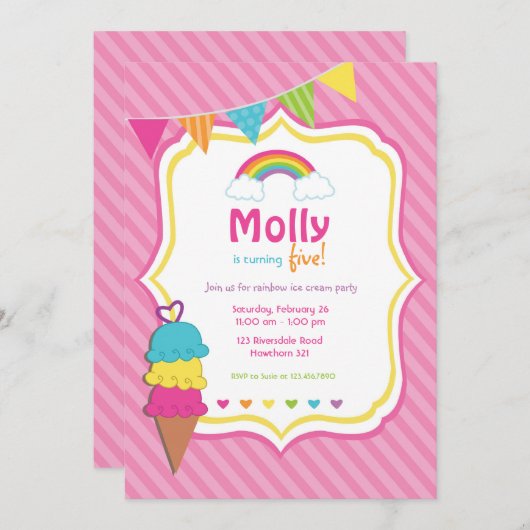 Rainbooguitnodiging / Ice Cream-uitnodiging Kaart (Voorkant / Achterkant)