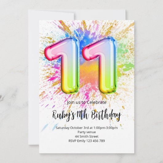 Rainbow 11th Birthday Invitation Kaart (Voorkant)
