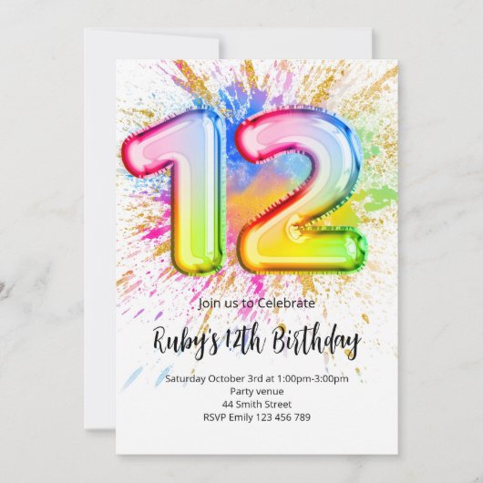 Rainbow 12th Birthday Invitation Kaart (Voorkant)