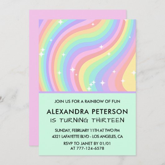 Rainbow 13e verjaardag uitnodigingen Pastel (Voorkant / Achterkant)
