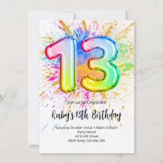 Rainbow 13th Birthday Invitation Kaart
