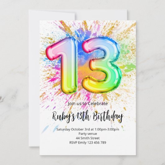 Rainbow 13th Birthday Invitation Kaart (Voorkant)