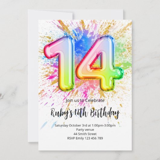 Rainbow 14th Birthday Invitation Kaart (Voorkant)