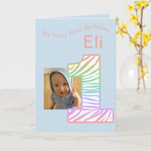 Rainbow 1 Photo First Birthday Card Kaart (Gele Bloem)