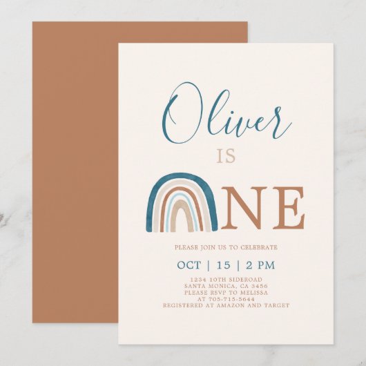 Rainbow 1st Birthday Boy Invitation Kaart (Voorkant / Achterkant)