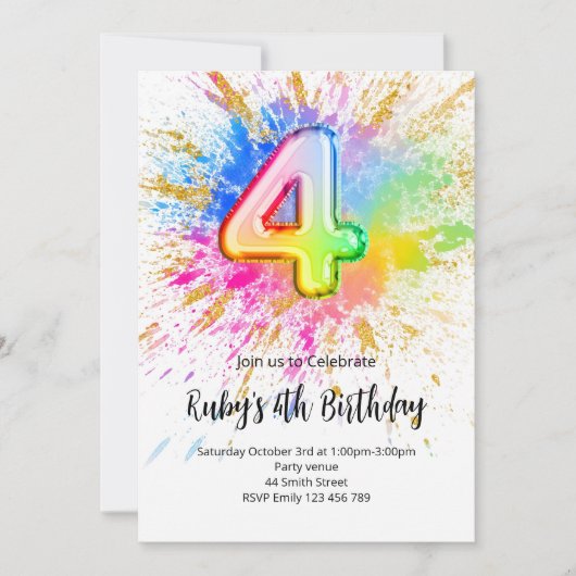 Rainbow 4th Birthday Invitation Kaart (Voorkant)