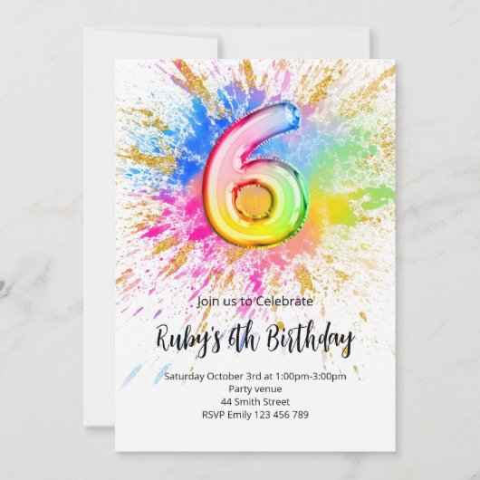 Rainbow 6th Birthday Invitation Kaart (Voorkant)