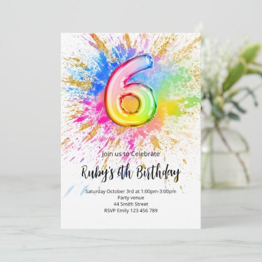Rainbow 6th Birthday Invitation Kaart (Staand voorkant)