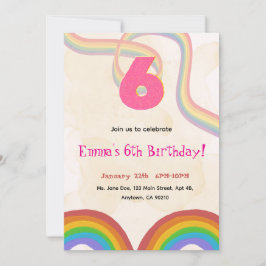 Rainbow 6th Birthday Party, Girl Invitation Kaart