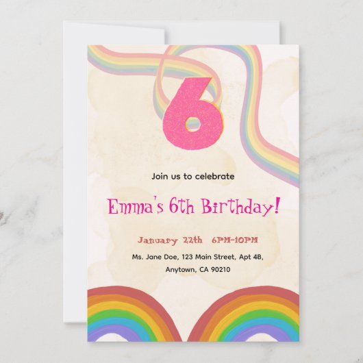 Rainbow 6th Birthday Party, Girl Invitation Kaart (Voorkant)