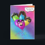 Rainbow 70th Birthday-ballonnen van groep Kaart<br><div class="desc">Regenboog verjaardag ballon boeket met oogballen en grappig masker op regenboog achtergrond voor 70e verjaardag van groep Verjaardag leeftijd kan worden veranderd.</div>