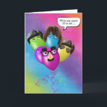 Rainbow 70th Birthday-ballonnen van groepskaart Kaart<br><div class="desc">Regenboog verjaardag ballon boeket met oogballen en grappig masker op regenboog achtergrond voor 70e verjaardag van groep Verjaardag leeftijd kan worden veranderd.</div>