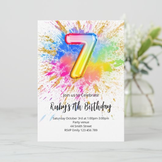Rainbow 7th Birthday Invitation Kaart (Staand voorkant)