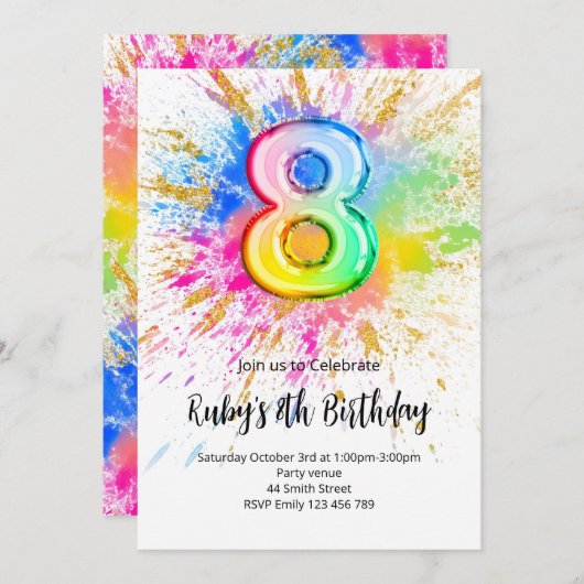 Rainbow 8th Birthday Invitation Kaart (Voorkant / Achterkant)