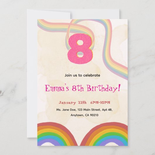 Rainbow 8th Birthday Party, Pink Girl Invitation Kaart (Voorkant)