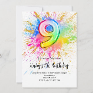 Rainbow 9th Birthday Invitation Kaart